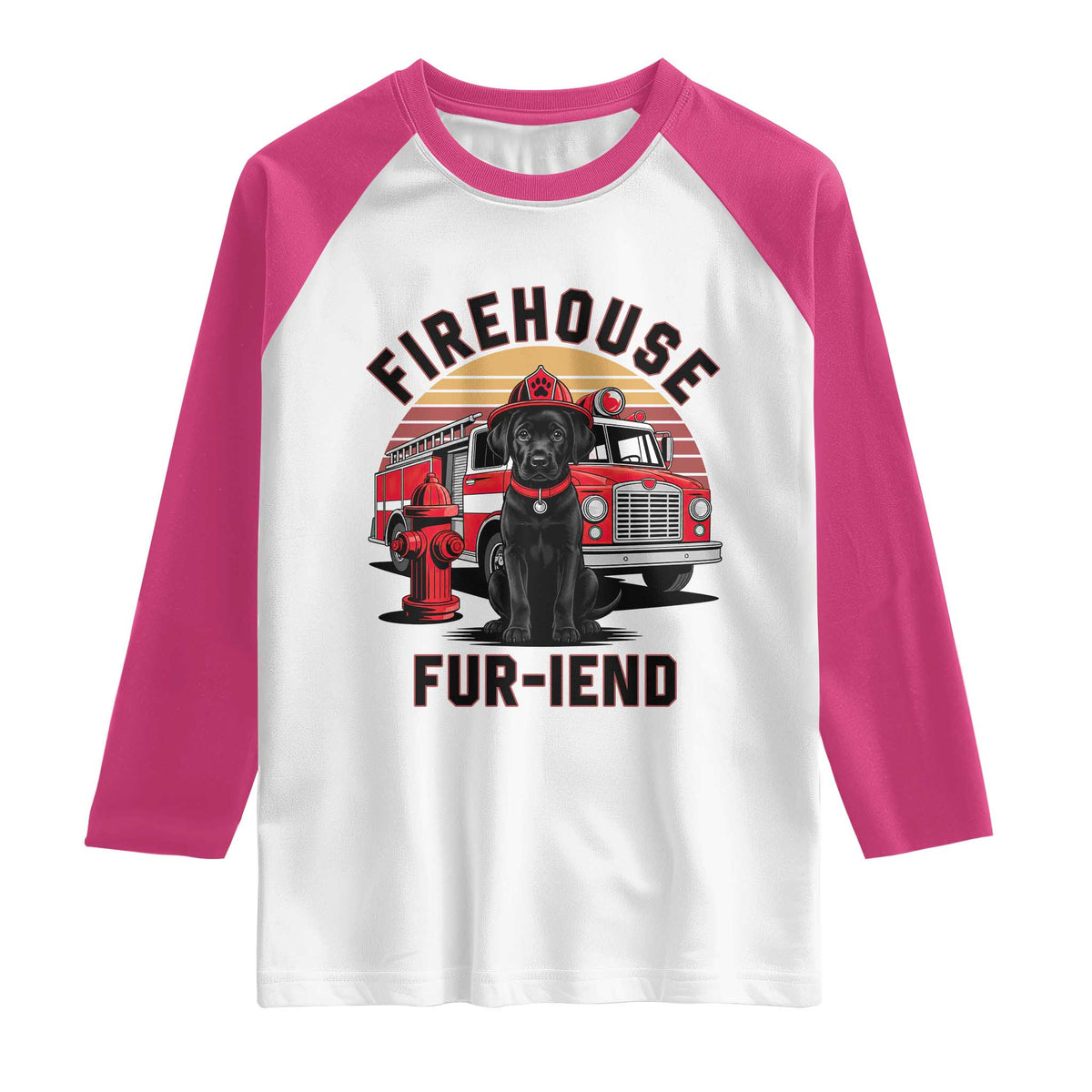 Firehouse Furiend Black Labrador Firefighter Raglan Shirt Fire Engine Rescue Dog Lover Gift