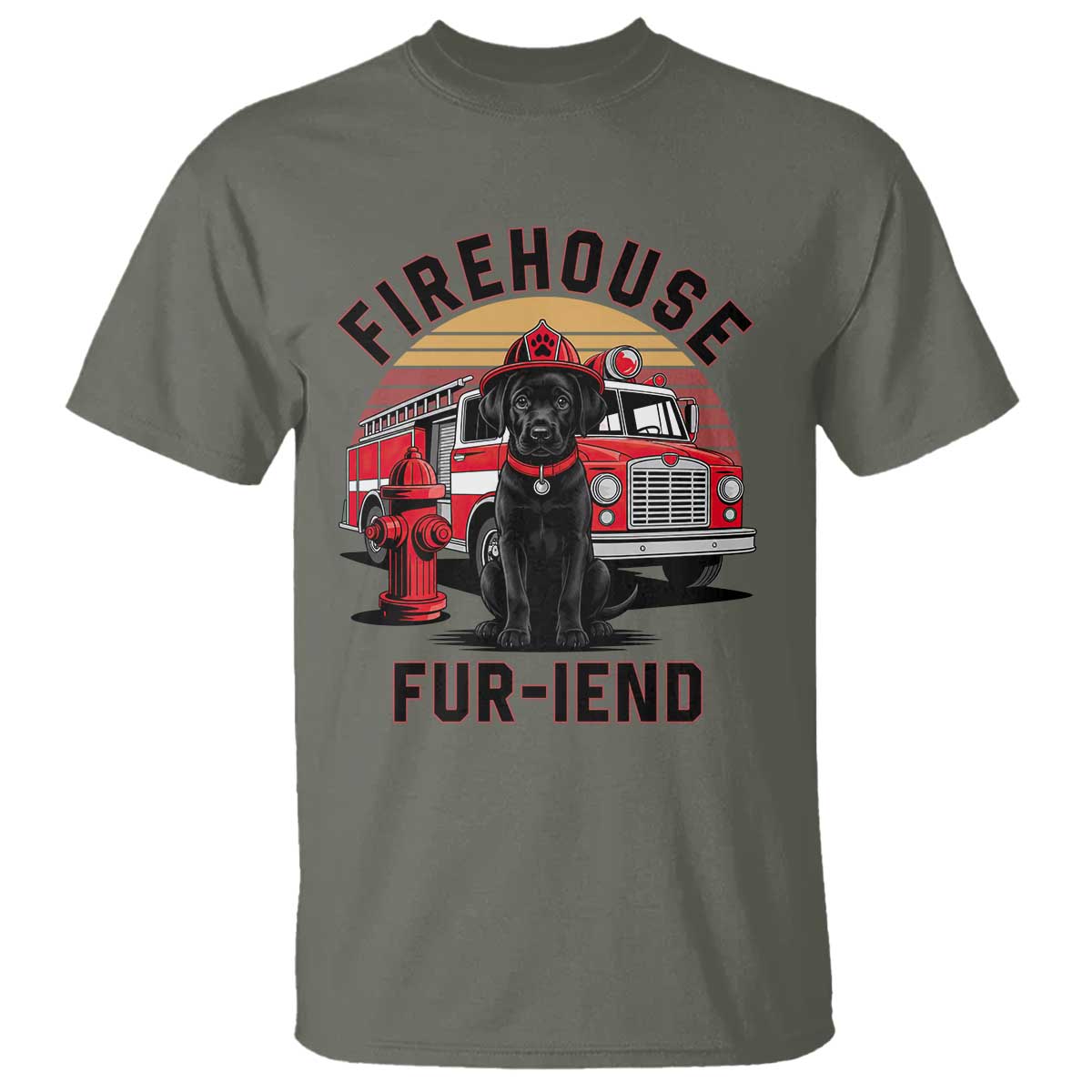 Firehouse Furiend Black Labrador Firefighter T Shirt Fire Engine Rescue Dog Lover Gift