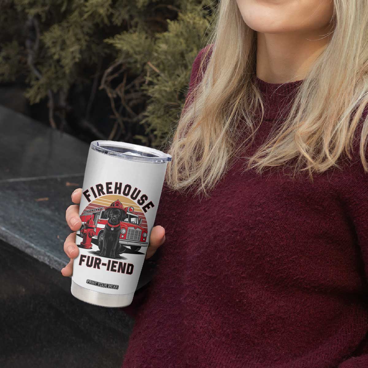 Firehouse Furiend Black Labrador Firefighter Tumbler Cup Fire Engine Rescue Dog Lover Gift