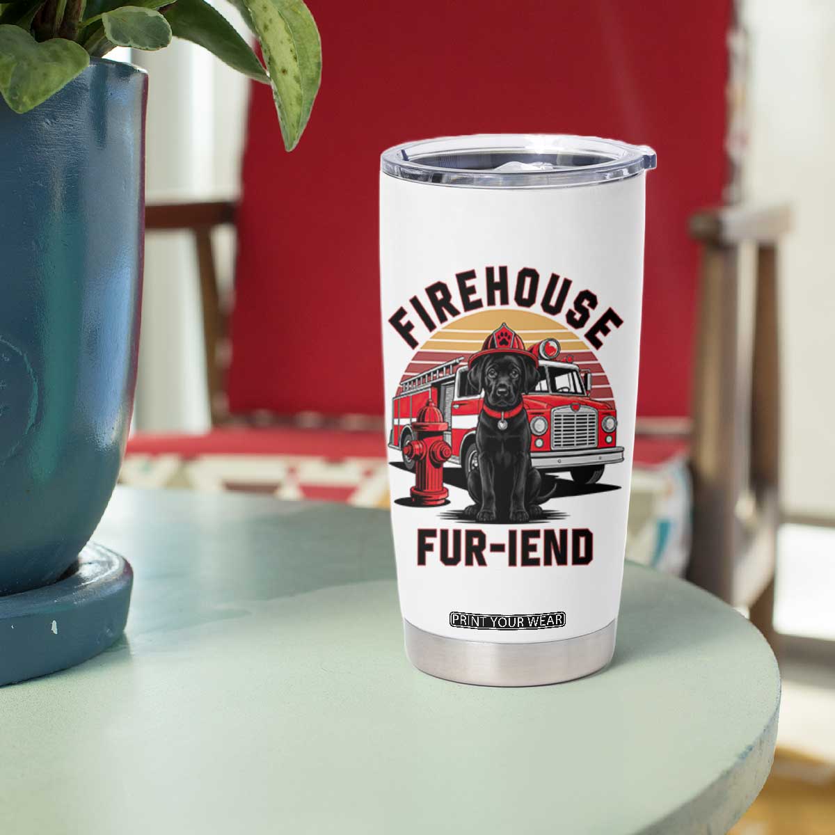 Firehouse Furiend Black Labrador Firefighter Tumbler Cup Fire Engine Rescue Dog Lover Gift