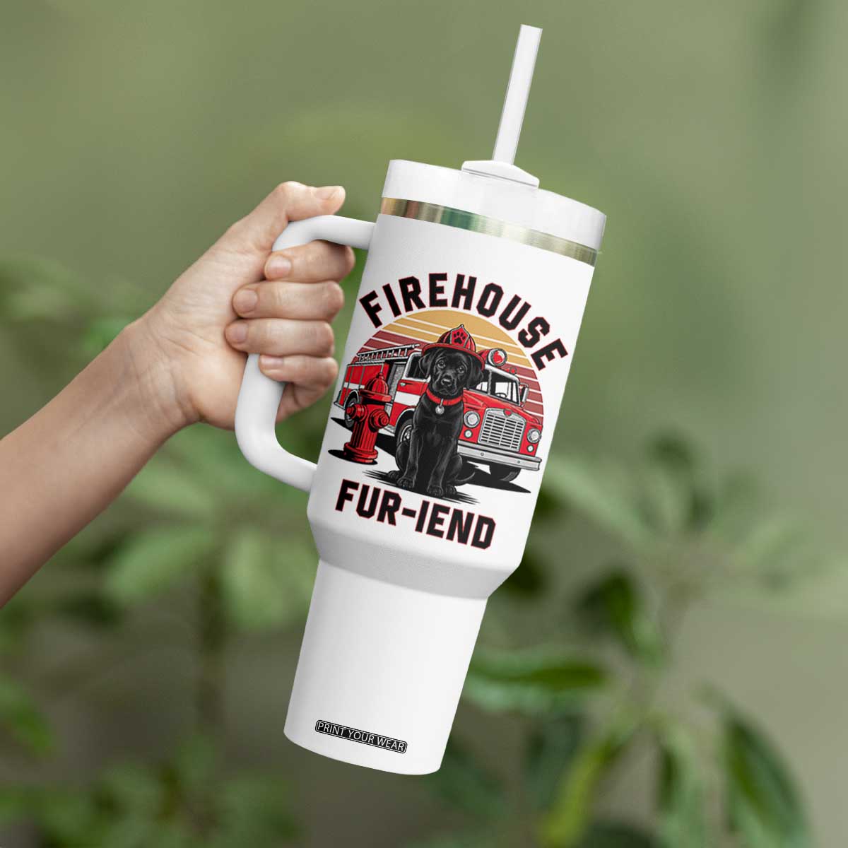 Firehouse Furiend Black Labrador Firefighter Tumbler With Handle Fire Engine Rescue Dog Lover Gift
