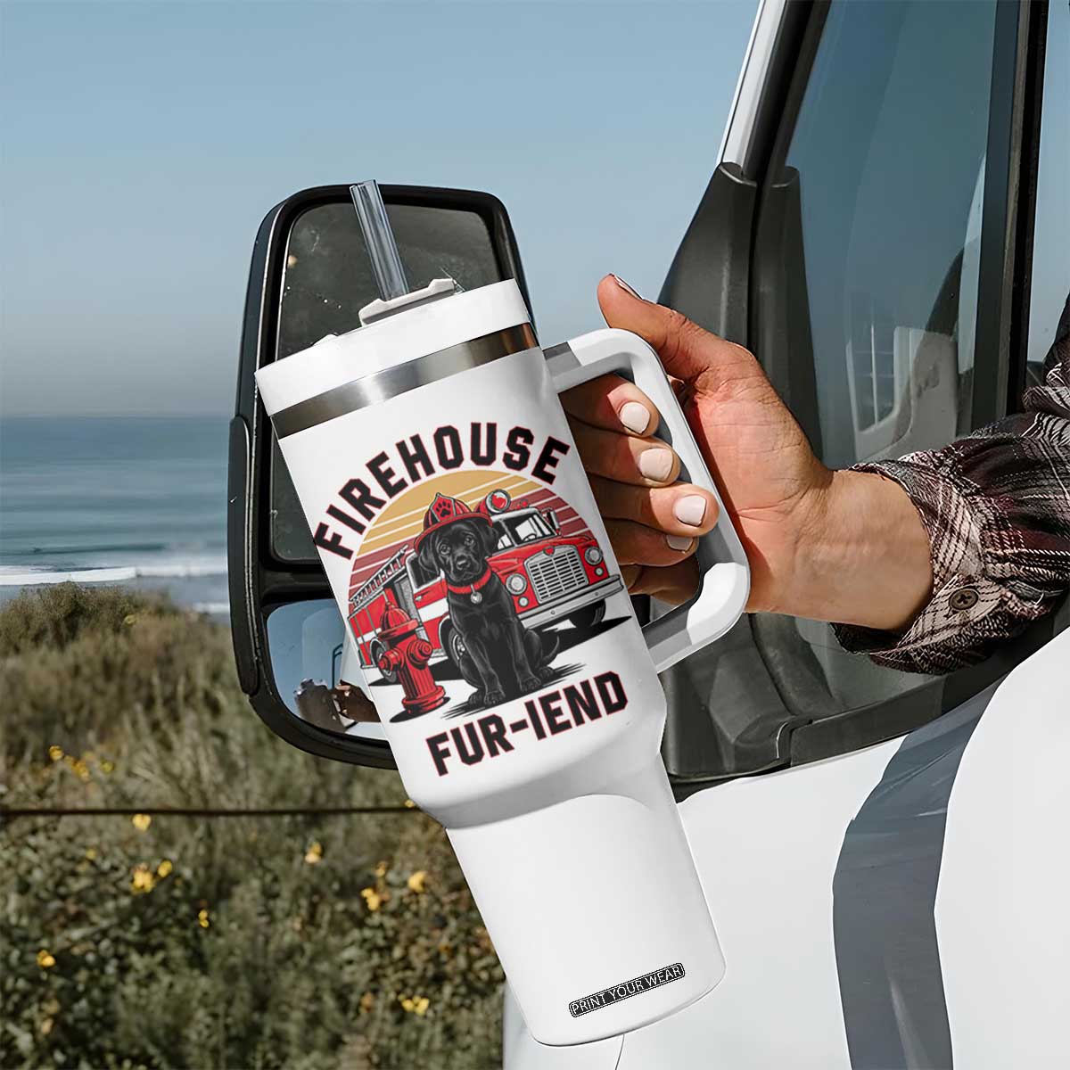 Firehouse Furiend Black Labrador Firefighter Tumbler With Handle Fire Engine Rescue Dog Lover Gift