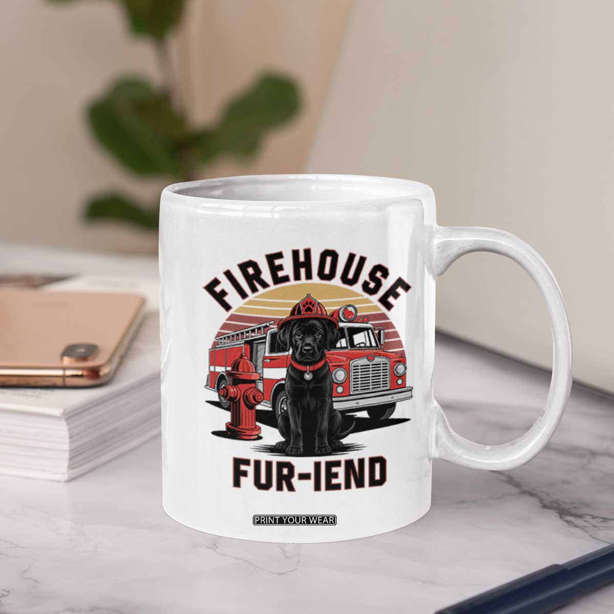 Firehouse Furiend Black Labrador Firefighter Coffee Mug Fire Engine Rescue Dog Lover Gift