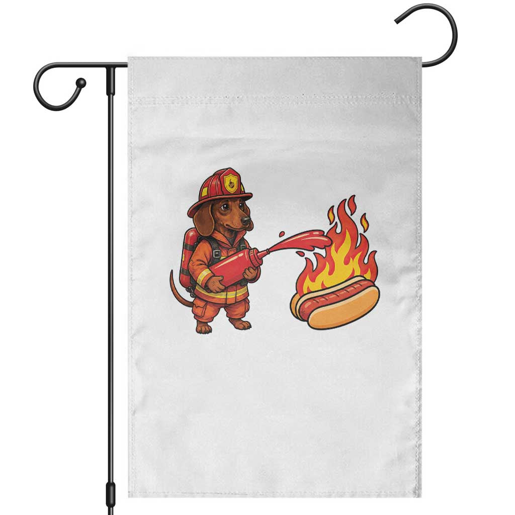 Funny Firefighter Dachshund Hot Dog Garden Flag BBQ Ketchup Rescue Dog Lover Gift
