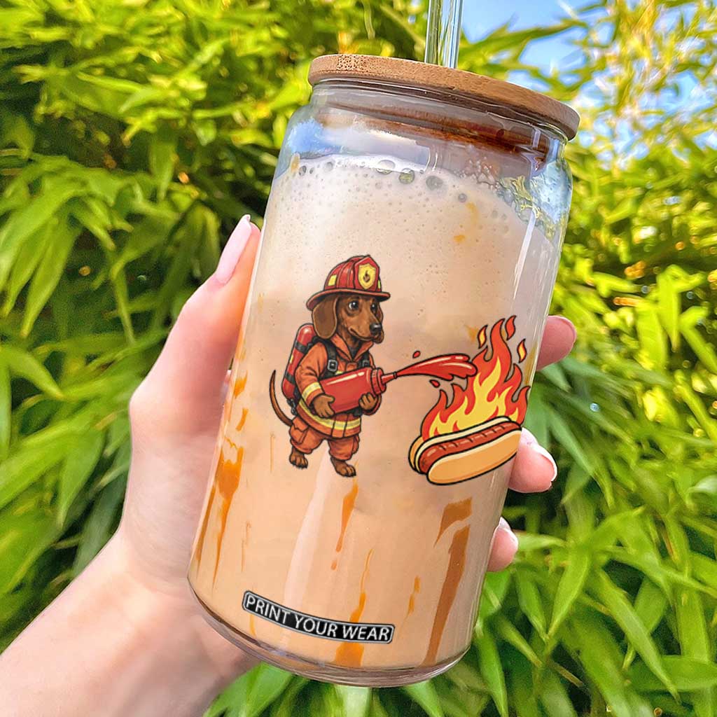 Funny Firefighter Dachshund Hot Dog Glass Can BBQ Ketchup Rescue Dog Lover Gift