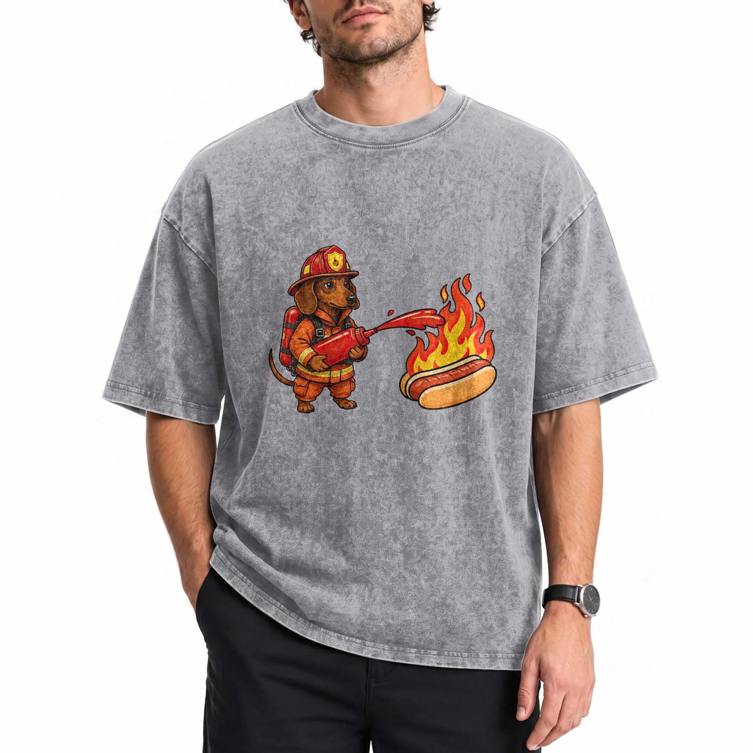 Funny Firefighter Dachshund Hot Dog Washed Cotton T-Shirt BBQ Ketchup Rescue Dog Lover Gift