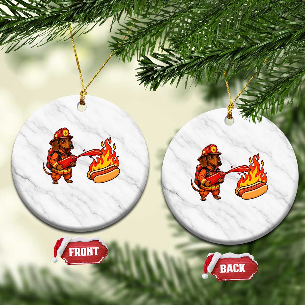 Funny Firefighter Dachshund Hot Dog Ceramic Ornament BBQ Ketchup Rescue Dog Lover Gift