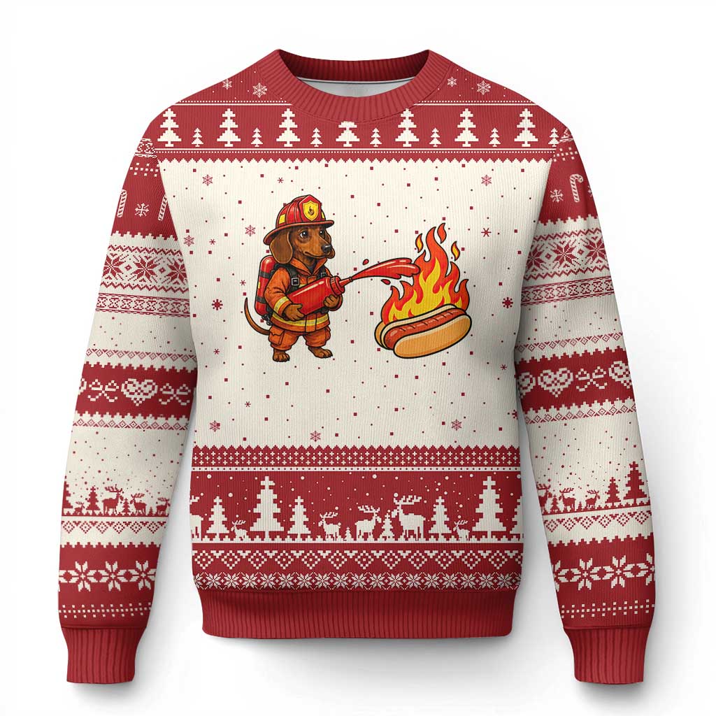 Funny Firefighter Dachshund Hot Dog Ugly Christmas Sweater BBQ Ketchup Rescue Dog Lover Gift