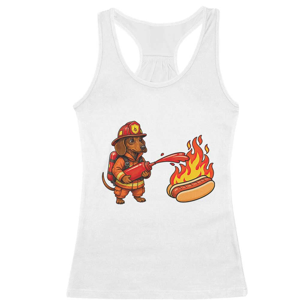 Funny Firefighter Dachshund Hot Dog Racerback Tank Top BBQ Ketchup Rescue Dog Lover Gift