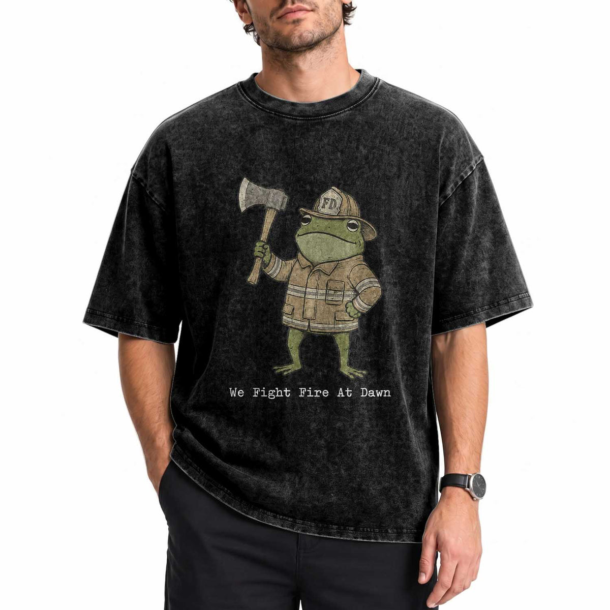 Funny Firefighter Frog We Fight Fire At Dawn Washed Cotton T-Shirt Fireman Gift