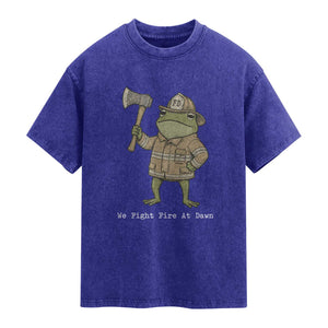 Funny Firefighter Frog We Fight Fire At Dawn Washed Cotton T-Shirt Fireman Gift