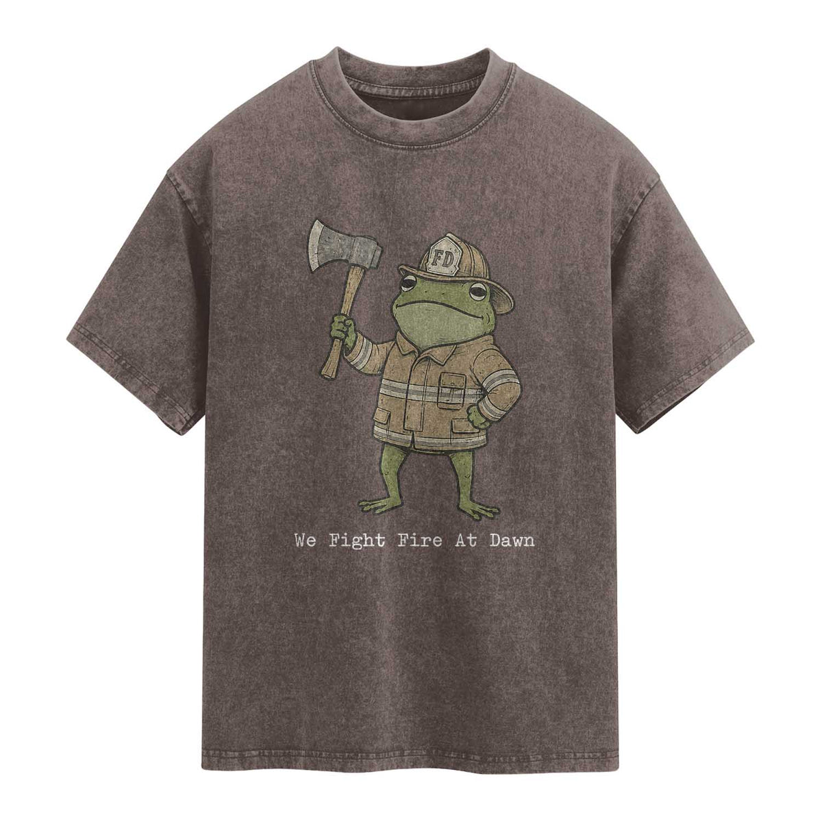 Funny Firefighter Frog We Fight Fire At Dawn Washed Cotton T-Shirt Fireman Gift