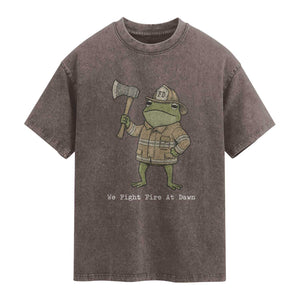 Funny Firefighter Frog We Fight Fire At Dawn Washed Cotton T-Shirt Fireman Gift