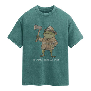 Funny Firefighter Frog We Fight Fire At Dawn Washed Cotton T-Shirt Fireman Gift
