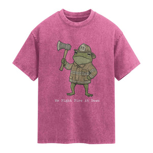 Funny Firefighter Frog We Fight Fire At Dawn Washed Cotton T-Shirt Fireman Gift