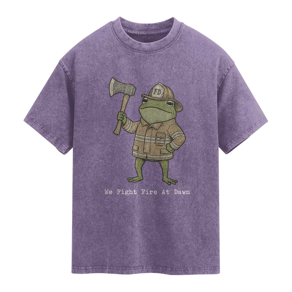 Funny Firefighter Frog We Fight Fire At Dawn Washed Cotton T-Shirt Fireman Gift