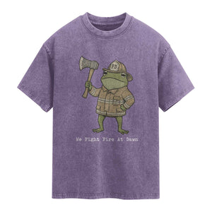 Funny Firefighter Frog We Fight Fire At Dawn Washed Cotton T-Shirt Fireman Gift
