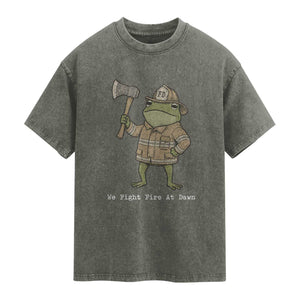 Funny Firefighter Frog We Fight Fire At Dawn Washed Cotton T-Shirt Fireman Gift