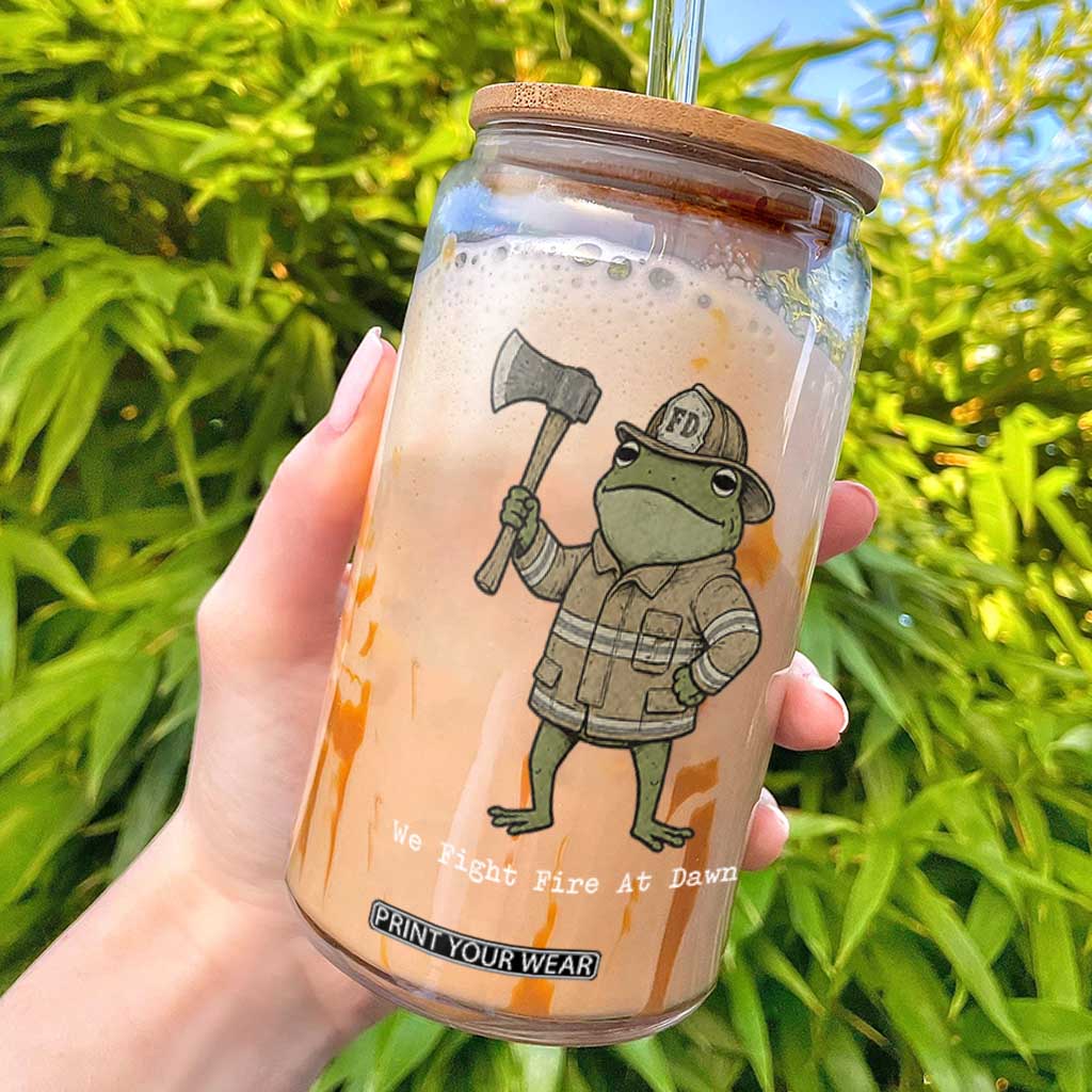 Funny Firefighter Frog We Fight Fire At Dawn Glass Can Fireman Gift