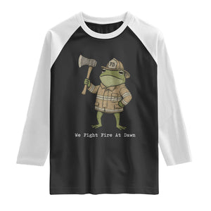 Funny Firefighter Frog We Fight Fire At Dawn Raglan Shirt Fireman Gift