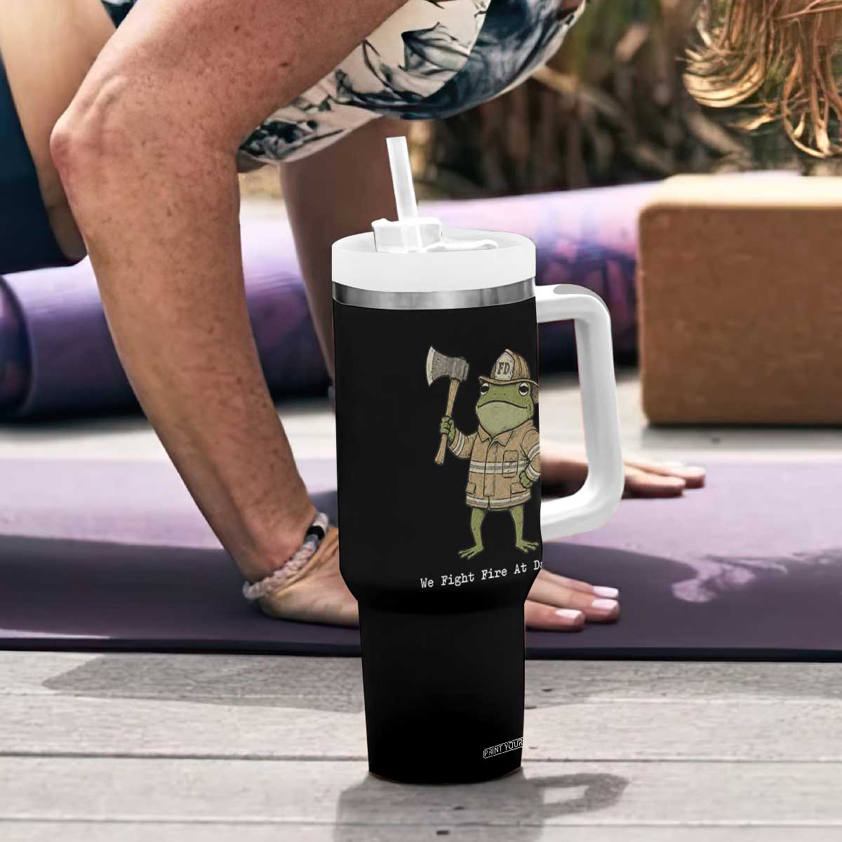 Funny Firefighter Frog We Fight Fire At Dawn Tumbler With Handle Fireman Gift