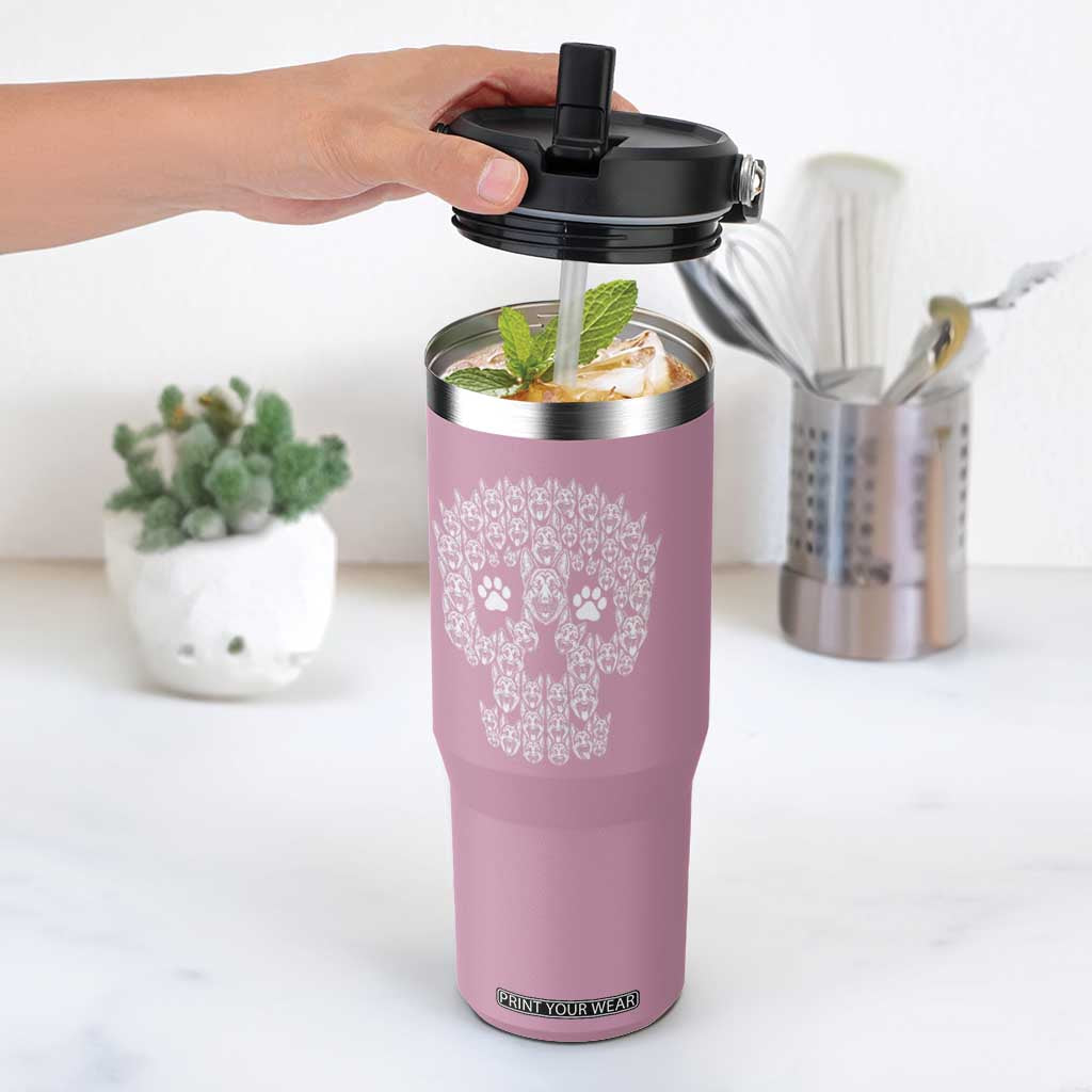 Funny German Shepherd Skull Halloween Flip Straw Tumbler Dog Lover Spooky Gift