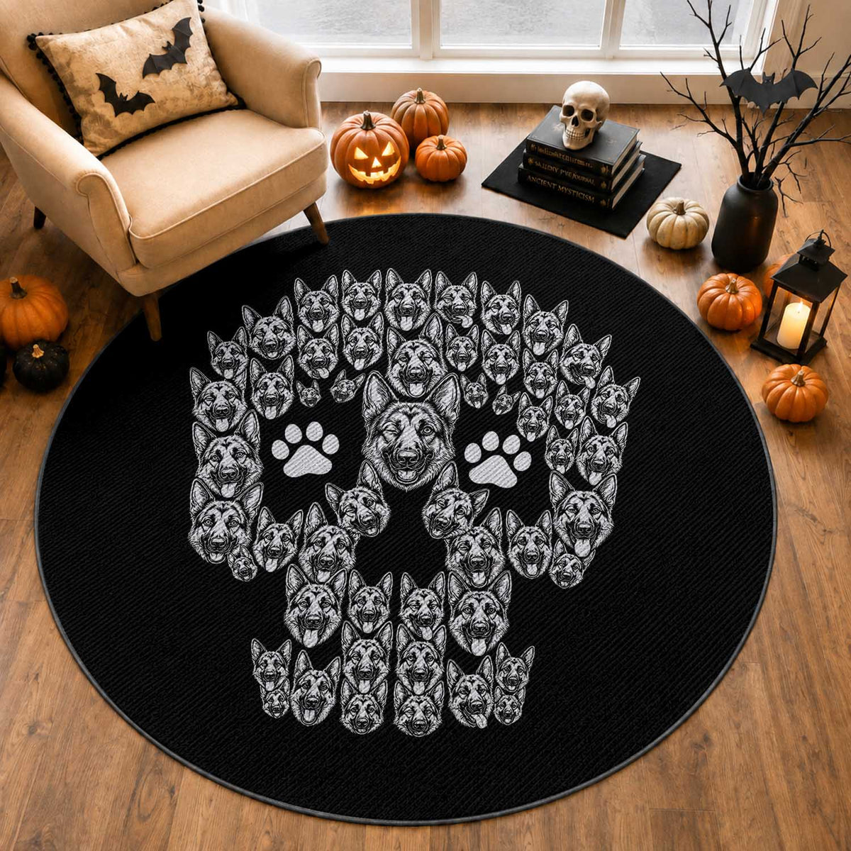 Funny German Shepherd Skull Halloween Round Rug Dog Lover Spooky Gift