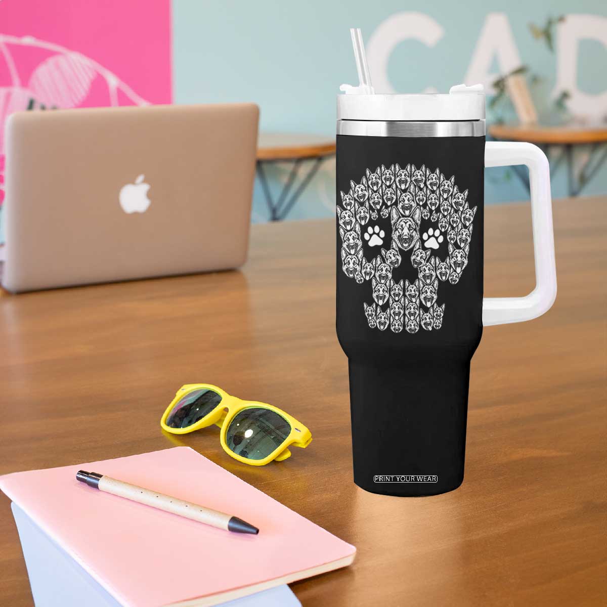 Funny German Shepherd Skull Halloween Tumbler With Handle Dog Lover Spooky Gift