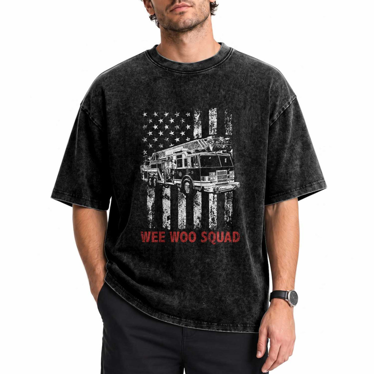 Fire Department Emergency Crew Vehicle Gift Washed Cotton T-Shirt Wee Woo Squad