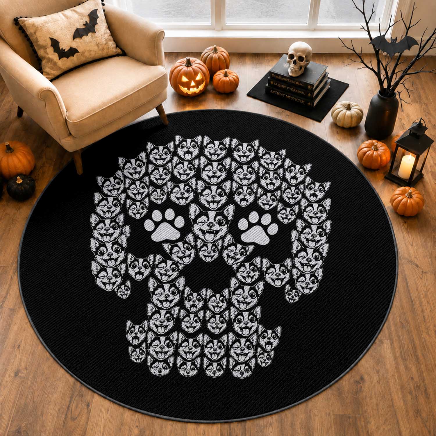 Funny Chihuahua Skull Halloween Round Rug Dog Lover Spooky Gift