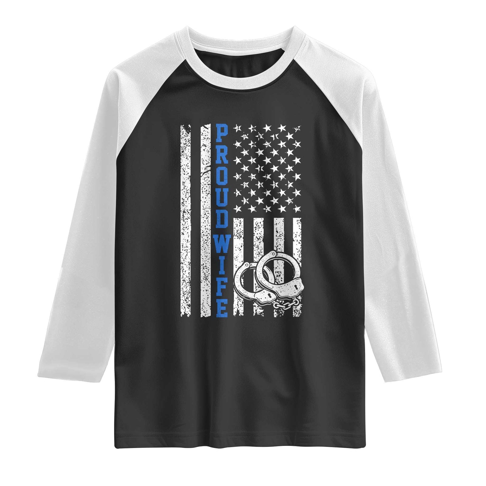 Proud Police Wife Raglan Shirt Patriotic Flag Handcuffs Law Enforcement Gift