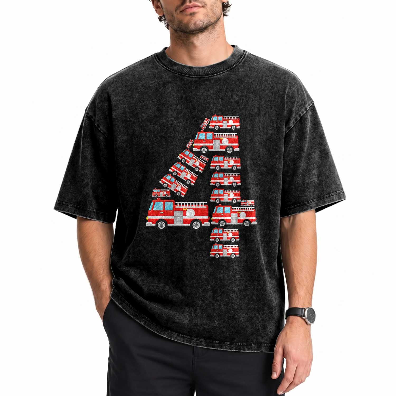 Fire Truck 4th Birthday Washed Cotton T-Shirt Firefighter Gift For Four Year Old Kid