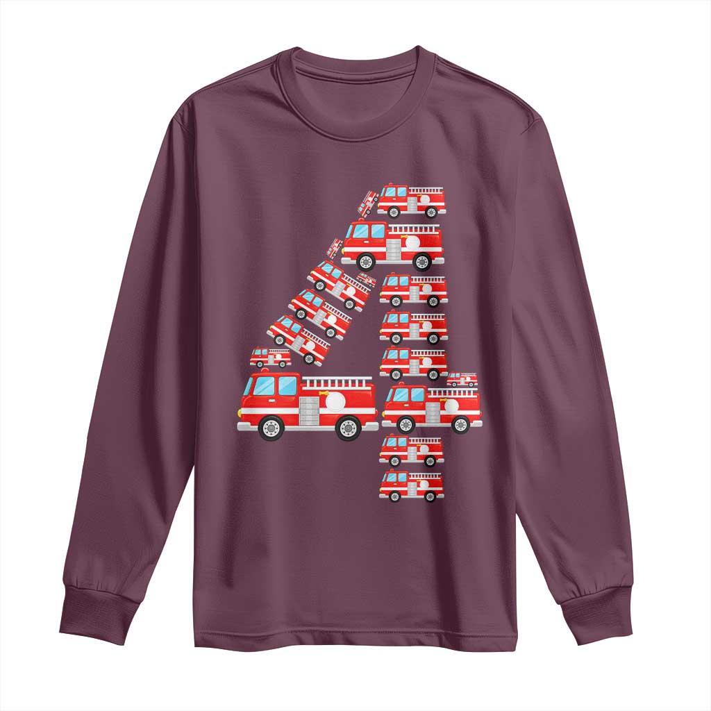 Fire Truck 4th Birthday Long Sleeve Shirt Firefighter Gift For Four Year Old Kid