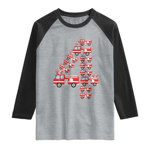 Fire Truck 4th Birthday Raglan Shirt Firefighter Gift For Four Year Old Kid