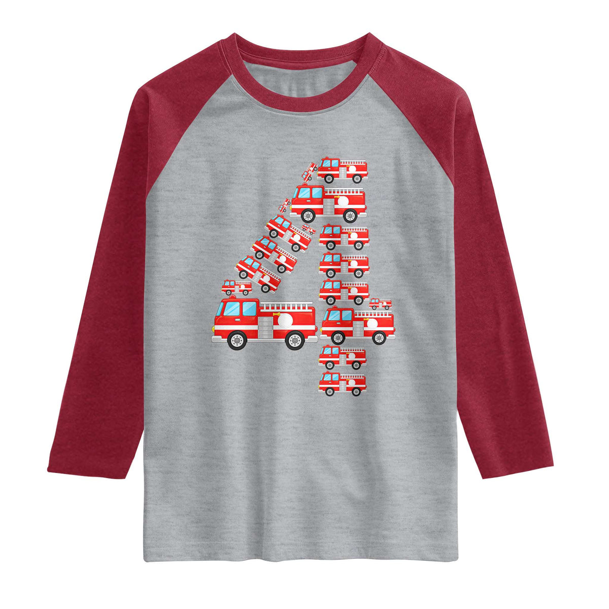 Fire Truck 4th Birthday Raglan Shirt Firefighter Gift For Four Year Old Kid