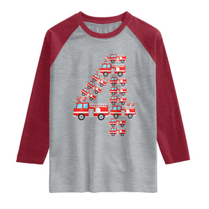 Fire Truck 4th Birthday Raglan Shirt Firefighter Gift For Four Year Old Kid