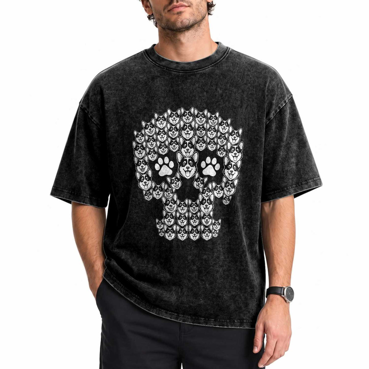 Funny Corgi Skull Halloween Washed Cotton T-Shirt Dog Lover Spooky Gift