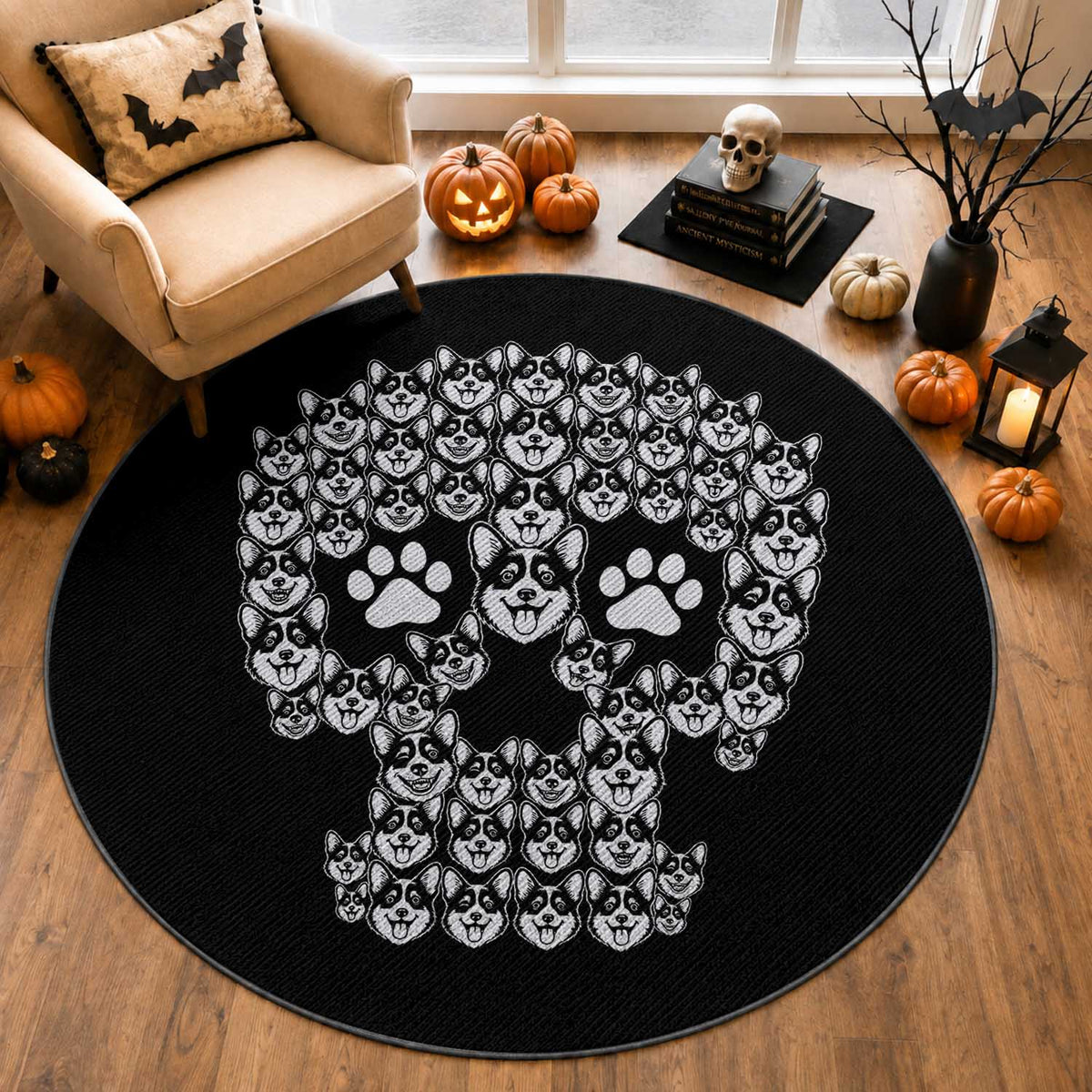 Funny Corgi Skull Halloween Round Rug Dog Lover Spooky Gift