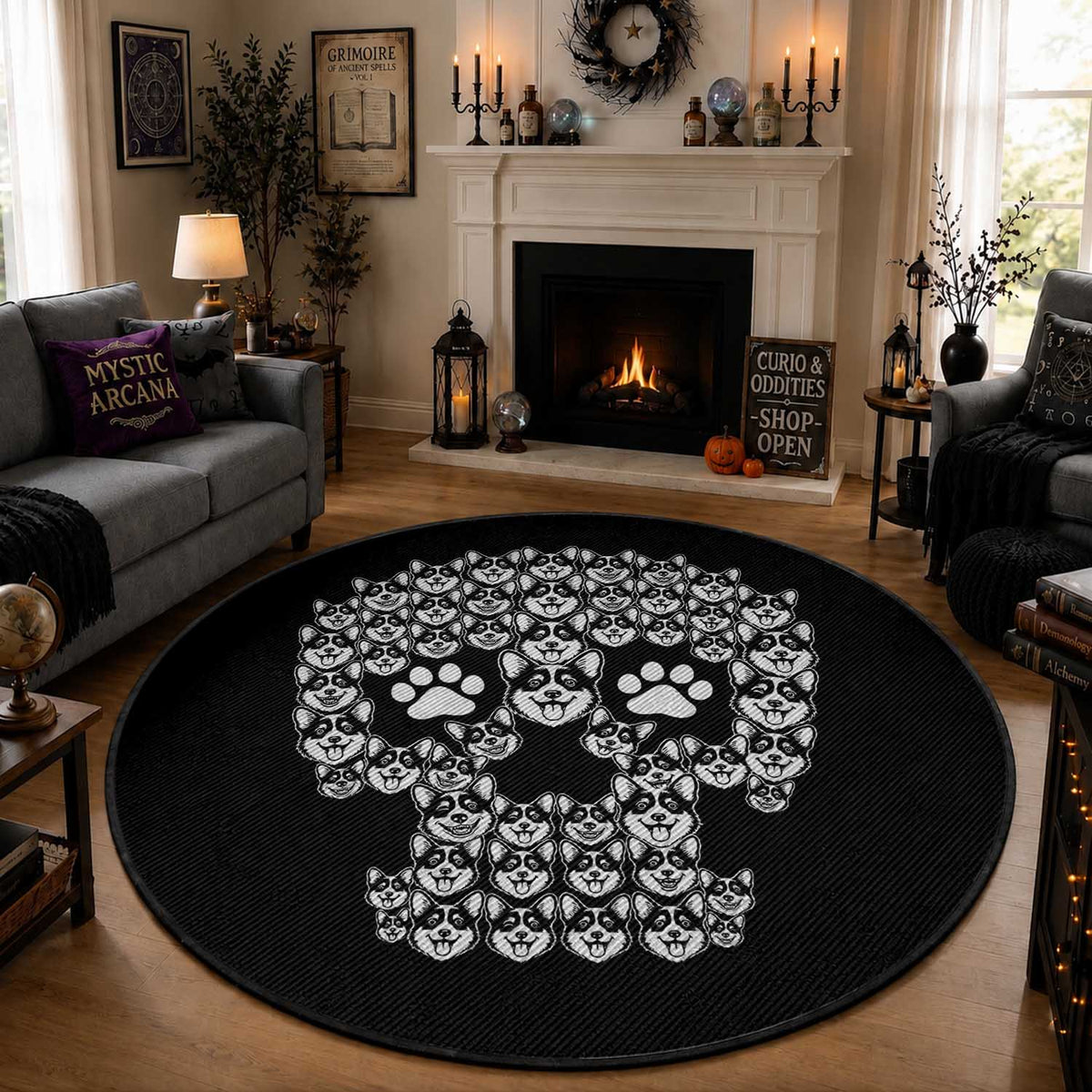 Funny Corgi Skull Halloween Round Rug Dog Lover Spooky Gift