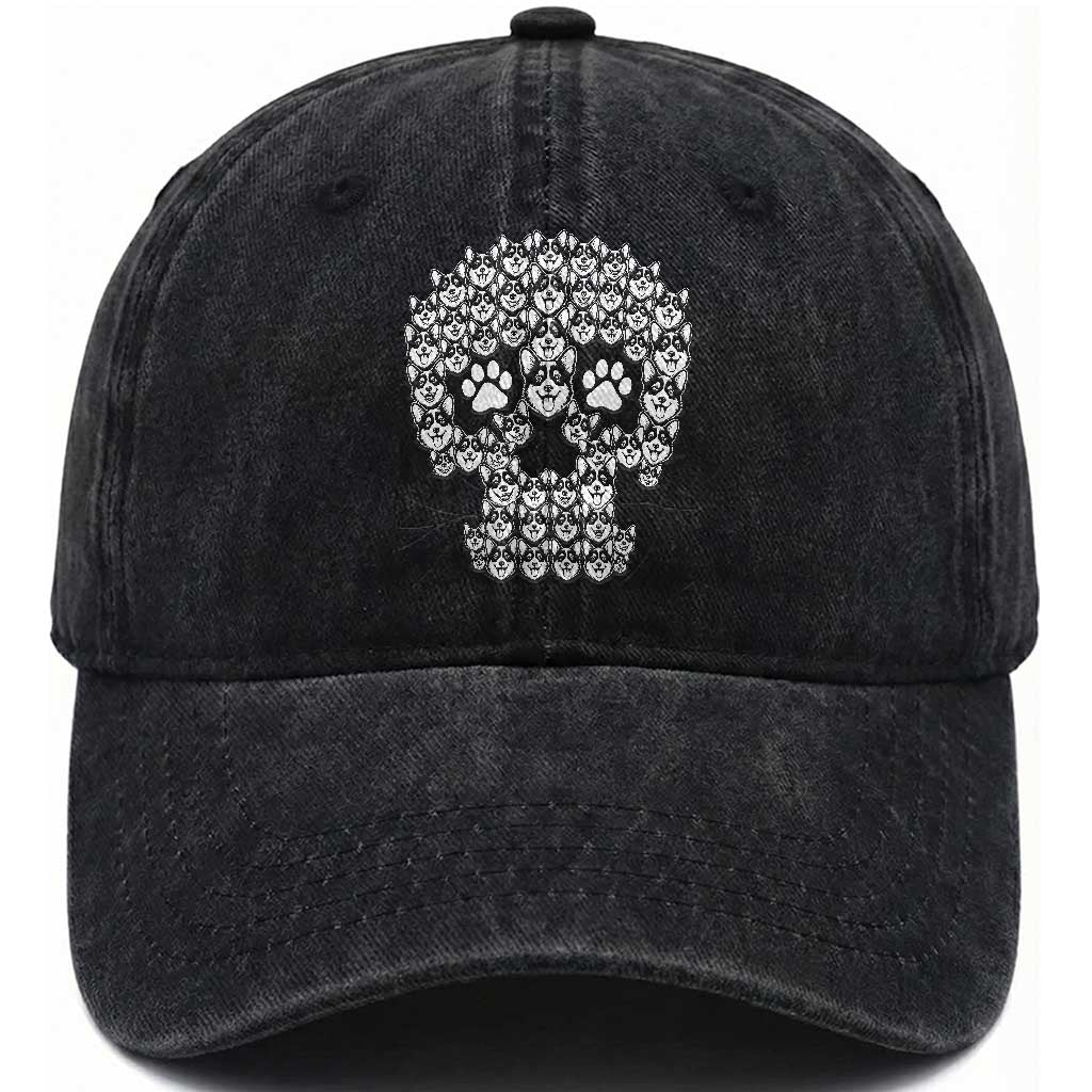 Funny Corgi Skull Halloween Washed Cotton Baseball Cap Dog Lover Spooky Gift