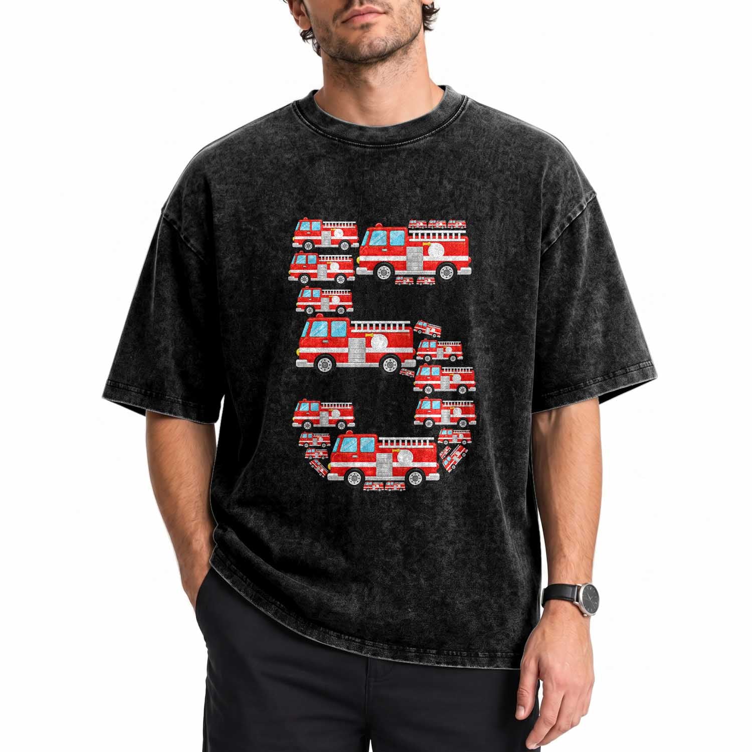 Fire Truck 5th Birthday Washed Cotton T-Shirt Firefighter Gift For Five Year Old Kid