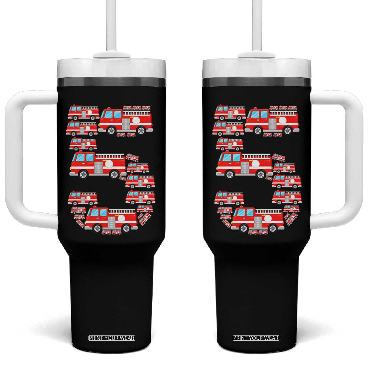 Fire Truck 5th Birthday Tumbler With Handle Firefighter Gift For Five Year Old Kid