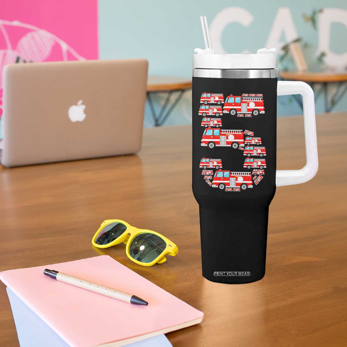 Fire Truck 5th Birthday Tumbler With Handle Firefighter Gift For Five Year Old Kid