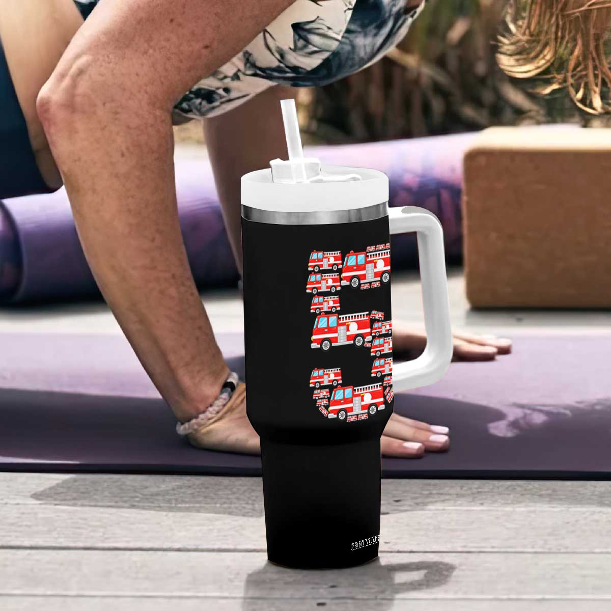 Fire Truck 5th Birthday Tumbler With Handle Firefighter Gift For Five Year Old Kid