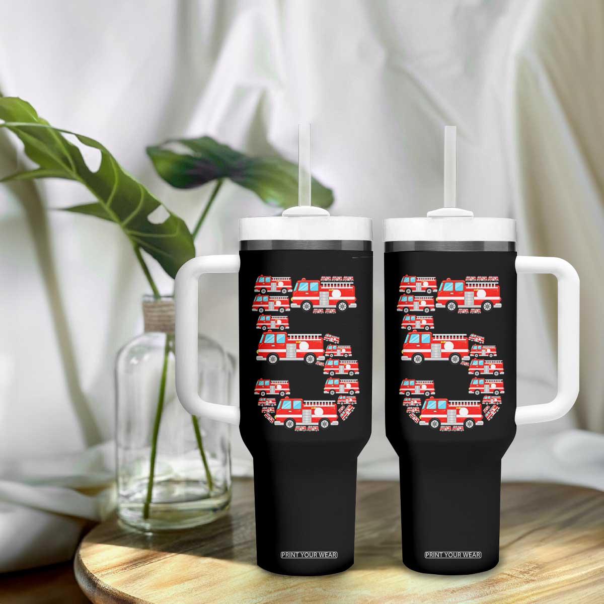 Fire Truck 5th Birthday Tumbler With Handle Firefighter Gift For Five Year Old Kid