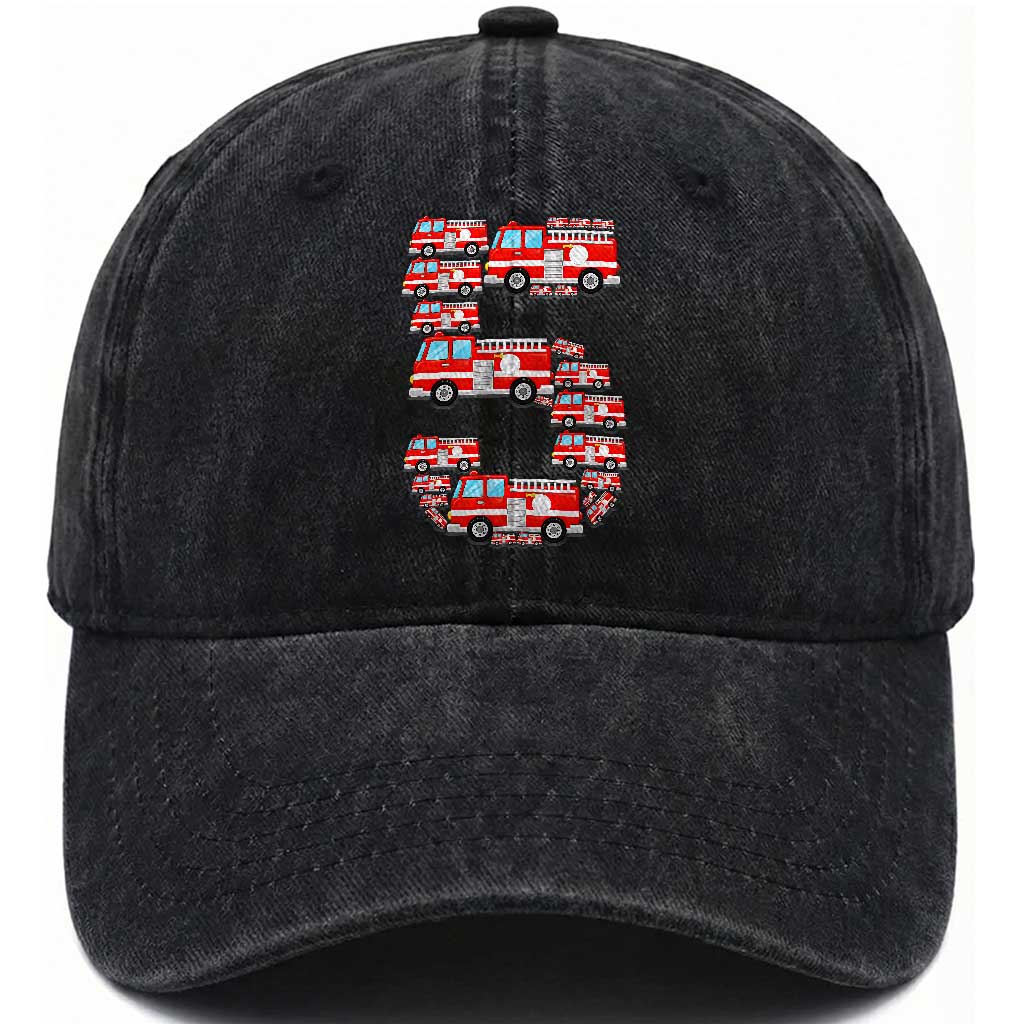 Fire Truck 5th Birthday Washed Cotton Baseball Cap Firefighter Gift For Five Year Old Kid