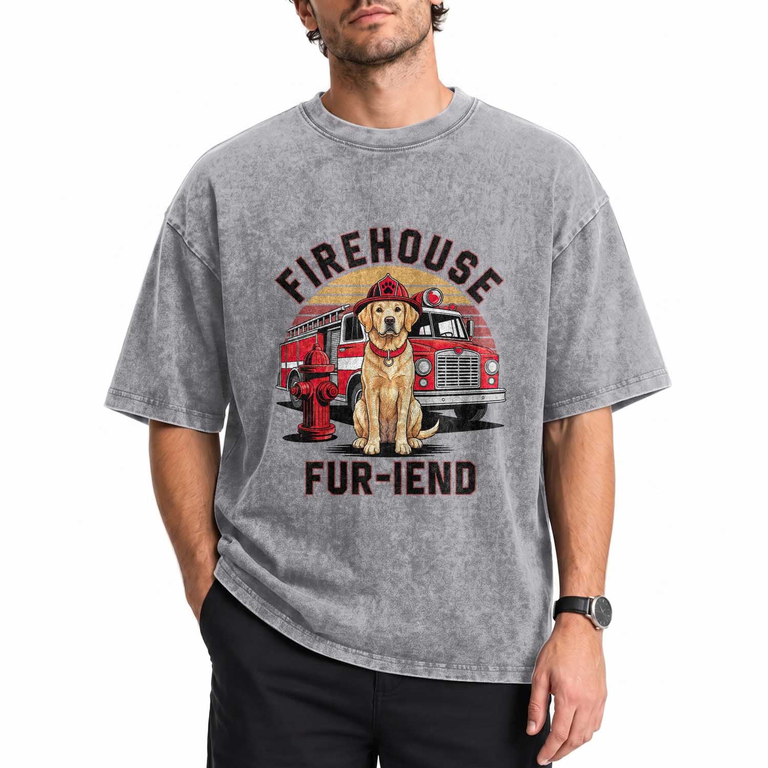 Firehouse Furiend Golden Retriever Firefighter Washed Cotton T-Shirt Fire Engine Rescue Dog Lover Gift