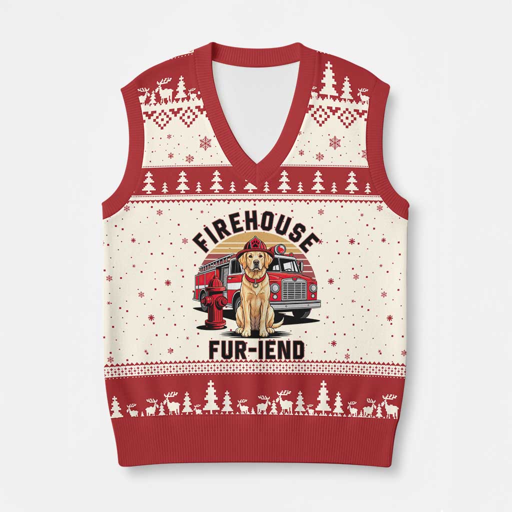 Firehouse Furiend Golden Retriever Firefighter V-Neck Knit Sweater Vest Fire Engine Rescue Dog Lover Gift