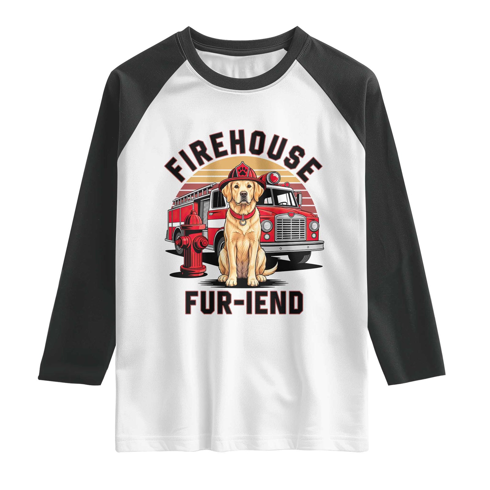 Firehouse Furiend Golden Retriever Firefighter Raglan Shirt Fire Engine Rescue Dog Lover Gift
