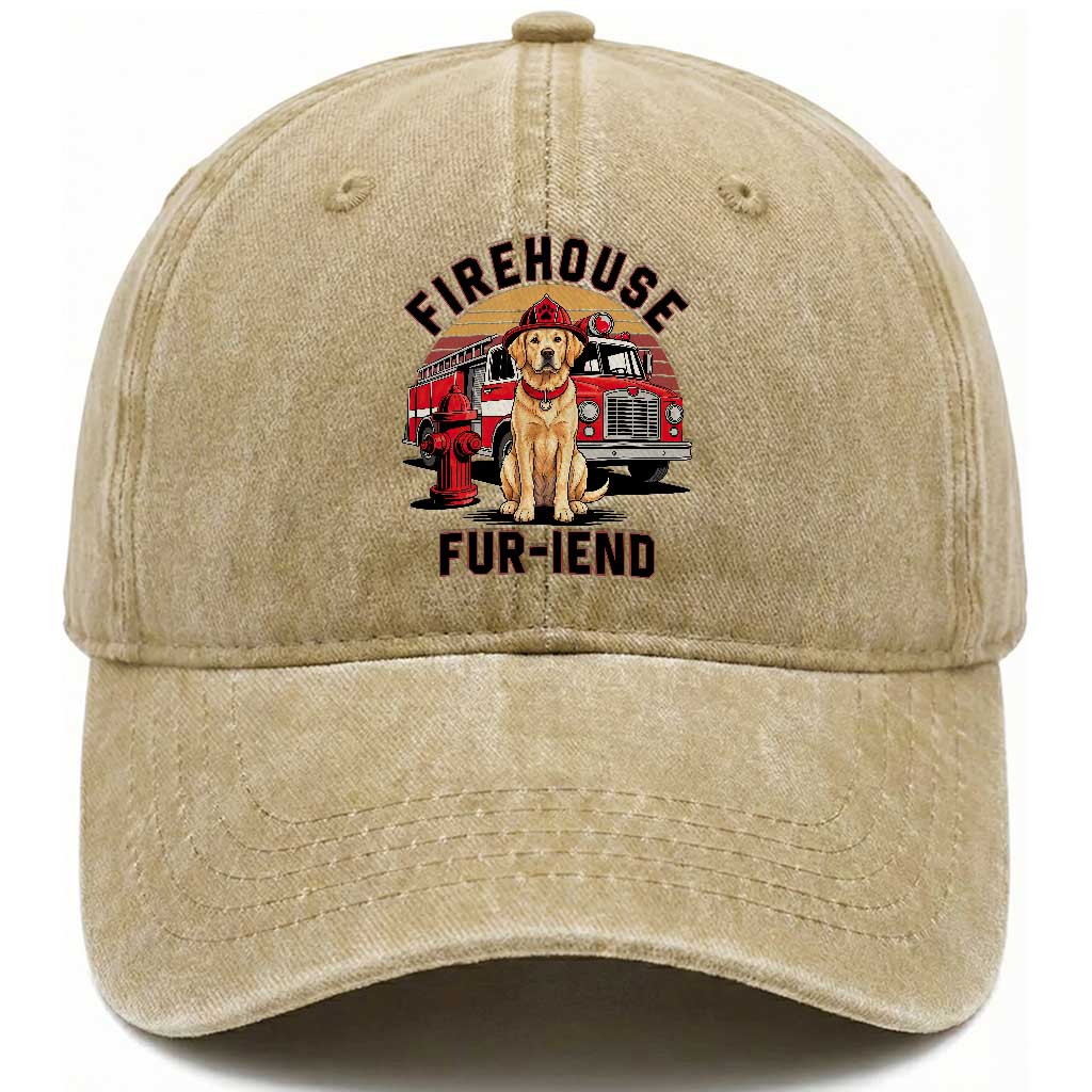 Firehouse Furiend Golden Retriever Firefighter Washed Cotton Baseball Cap Fire Engine Rescue Dog Lover Gift